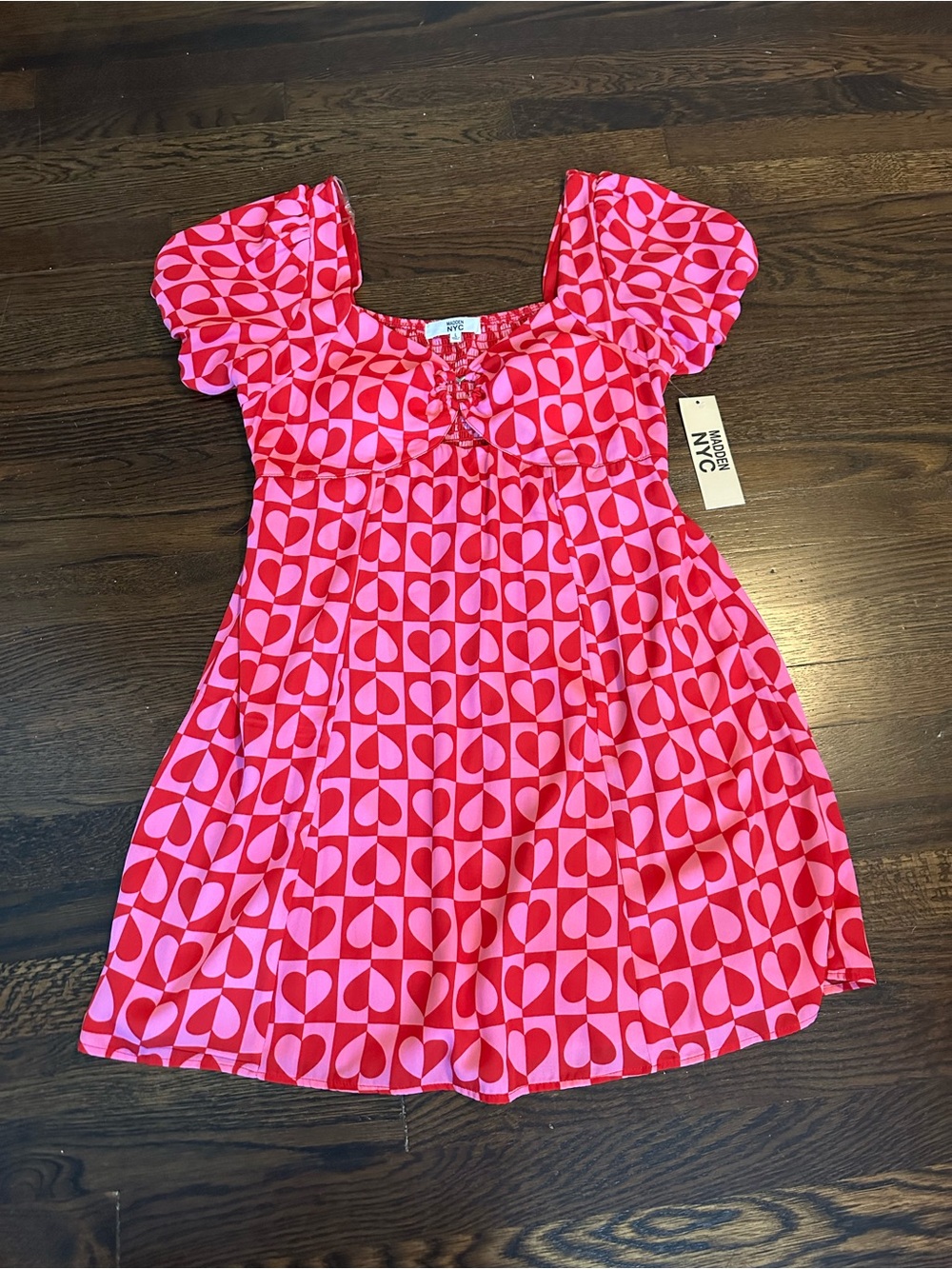 Pink & Red Madden NYC Heart Cut Out Puff Sleeve Mini Dress